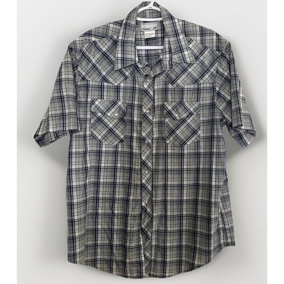 Wrangler Men’s Wrancher Western Pearl Snap Shirt Medium Blue Gray Plaid - Picture 1 of 6
